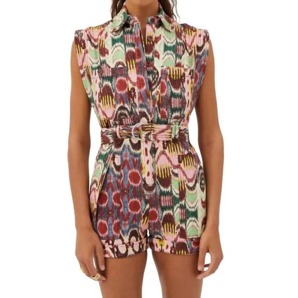 MariaCher Olite Ursula Multi Color Print Sleeveless Cotton Romper Med No Belt